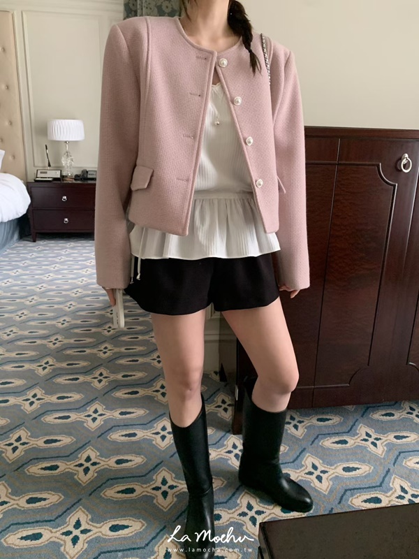 無領珍珠扣小香外套